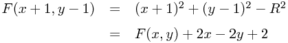 F(x+1,y-1) = (x+1)^2 + (y-1)^2 - R^2 = F(x,y) + 2x - 2y + 2